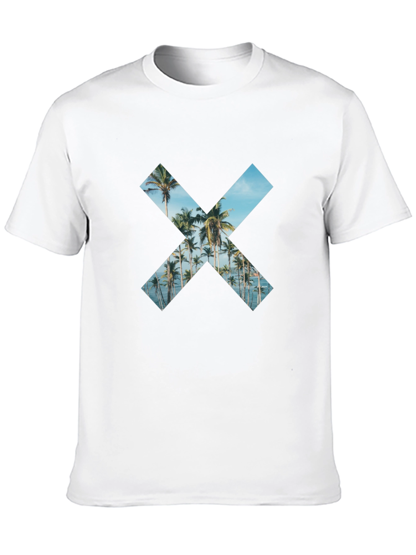 Tropical Beach Palm Tree X Print Black T-Shirt