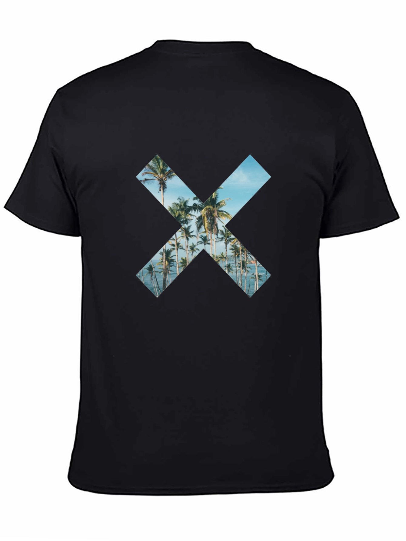 Tropical Beach Palm Tree X Print Black T-Shirt