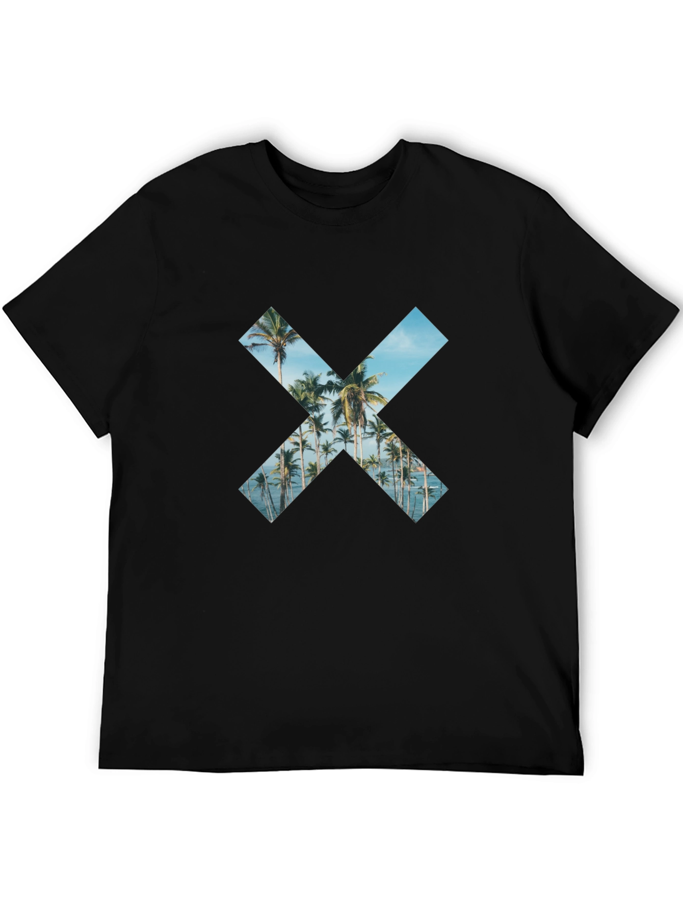 Tropical Beach Palm Tree X Print Black T-Shirt