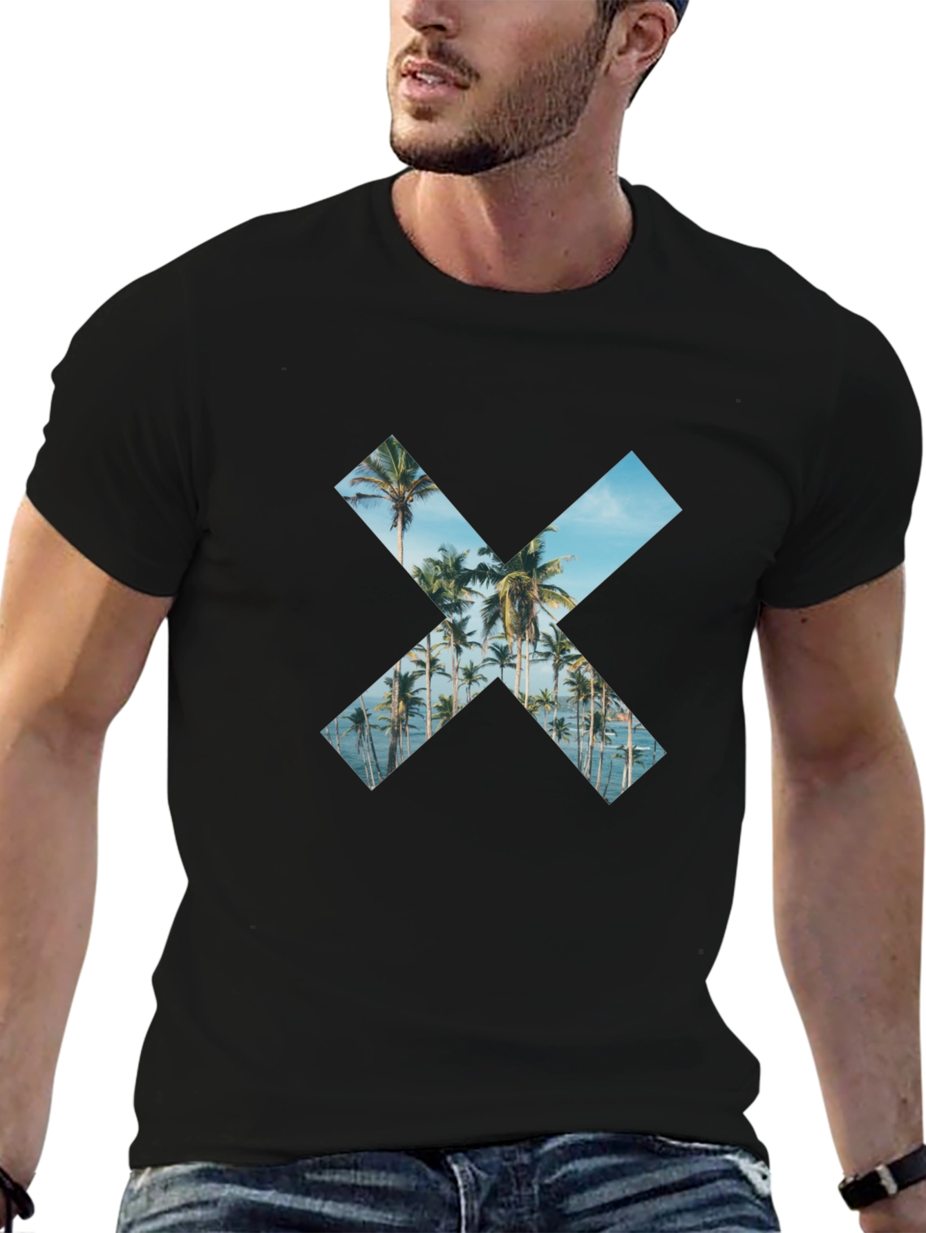Tropical Beach Palm Tree X Print Black T-Shirt