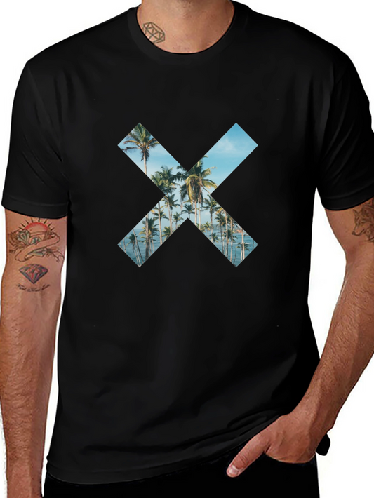 Tropical Beach Palm Tree X Print Black T-Shirt