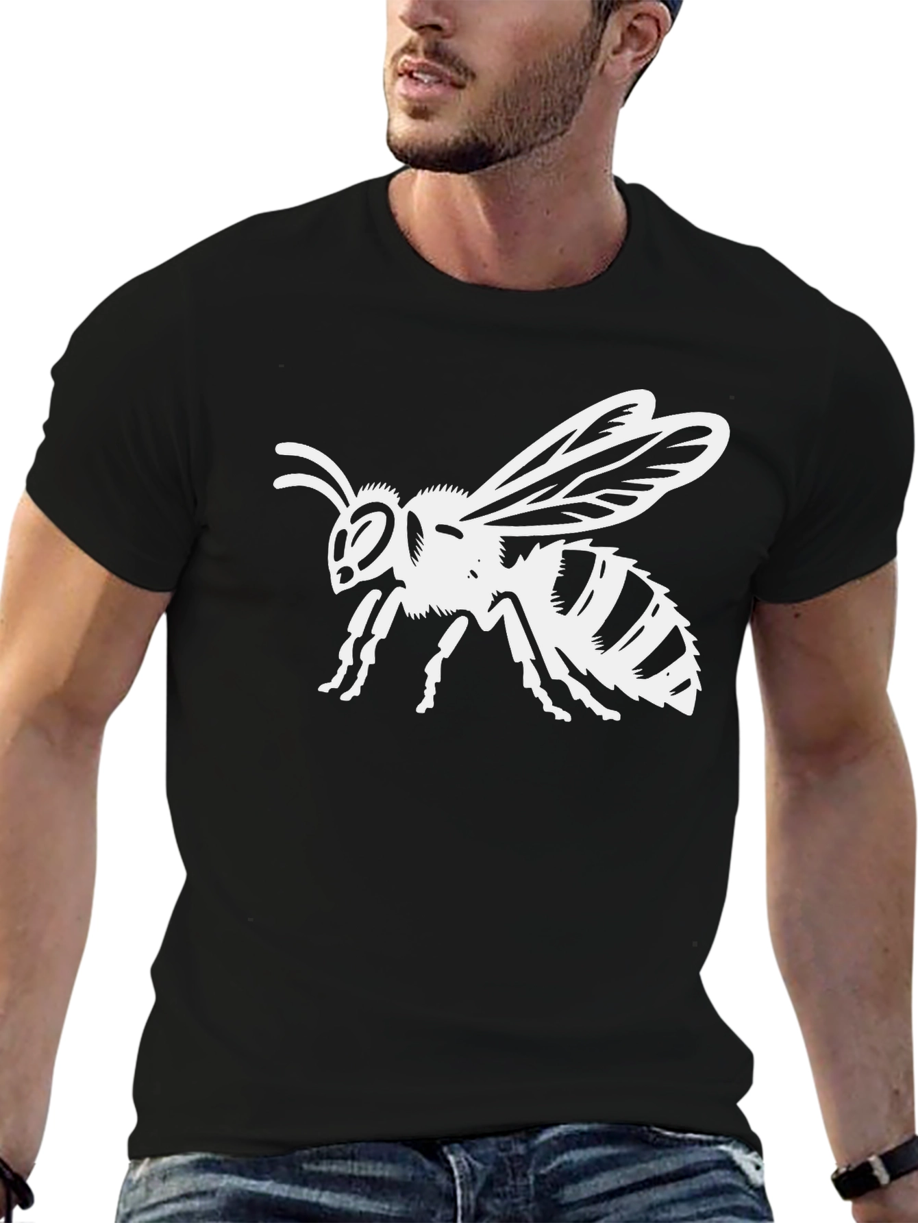 Mens Black T-Shirt with White Bee Graphic