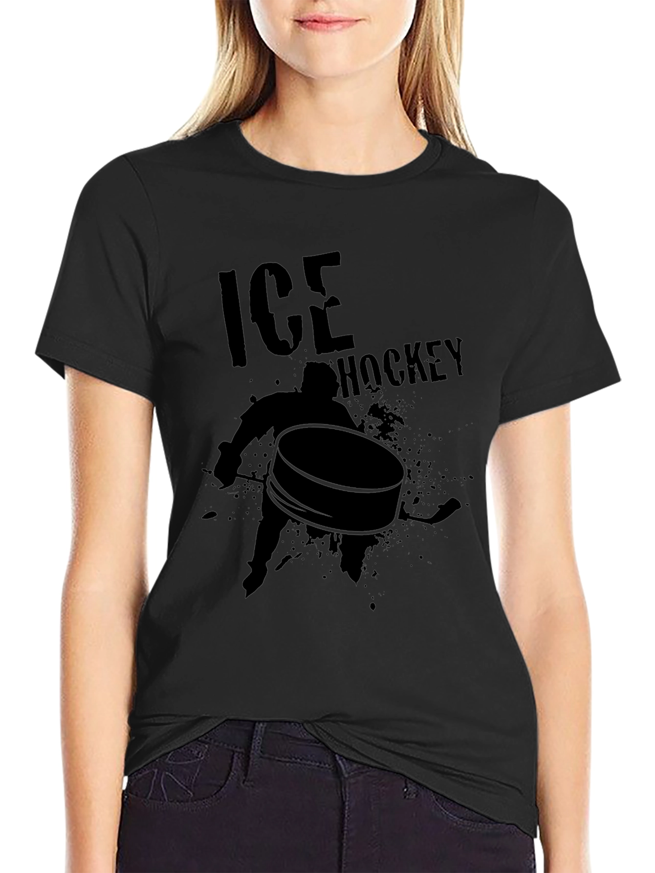 Ice Hockey Graphic Tee - Black Cotton T-Shirt