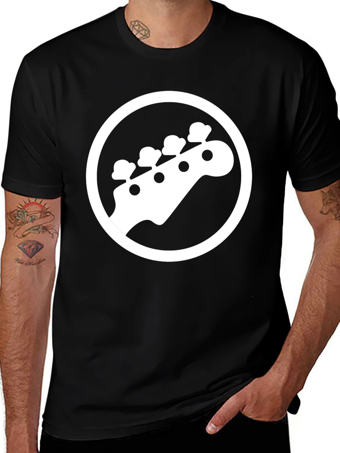 Black T-Shirt with White Bass Guitar Graphic