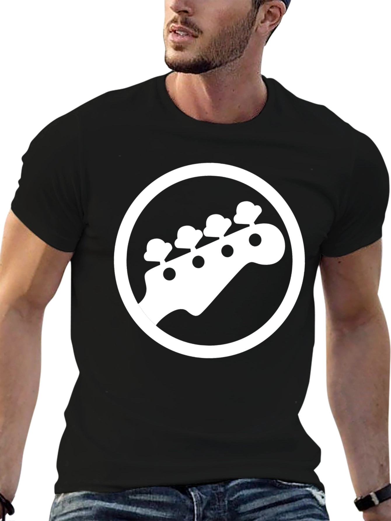 Black T-Shirt with White Bass Guitar Graphic