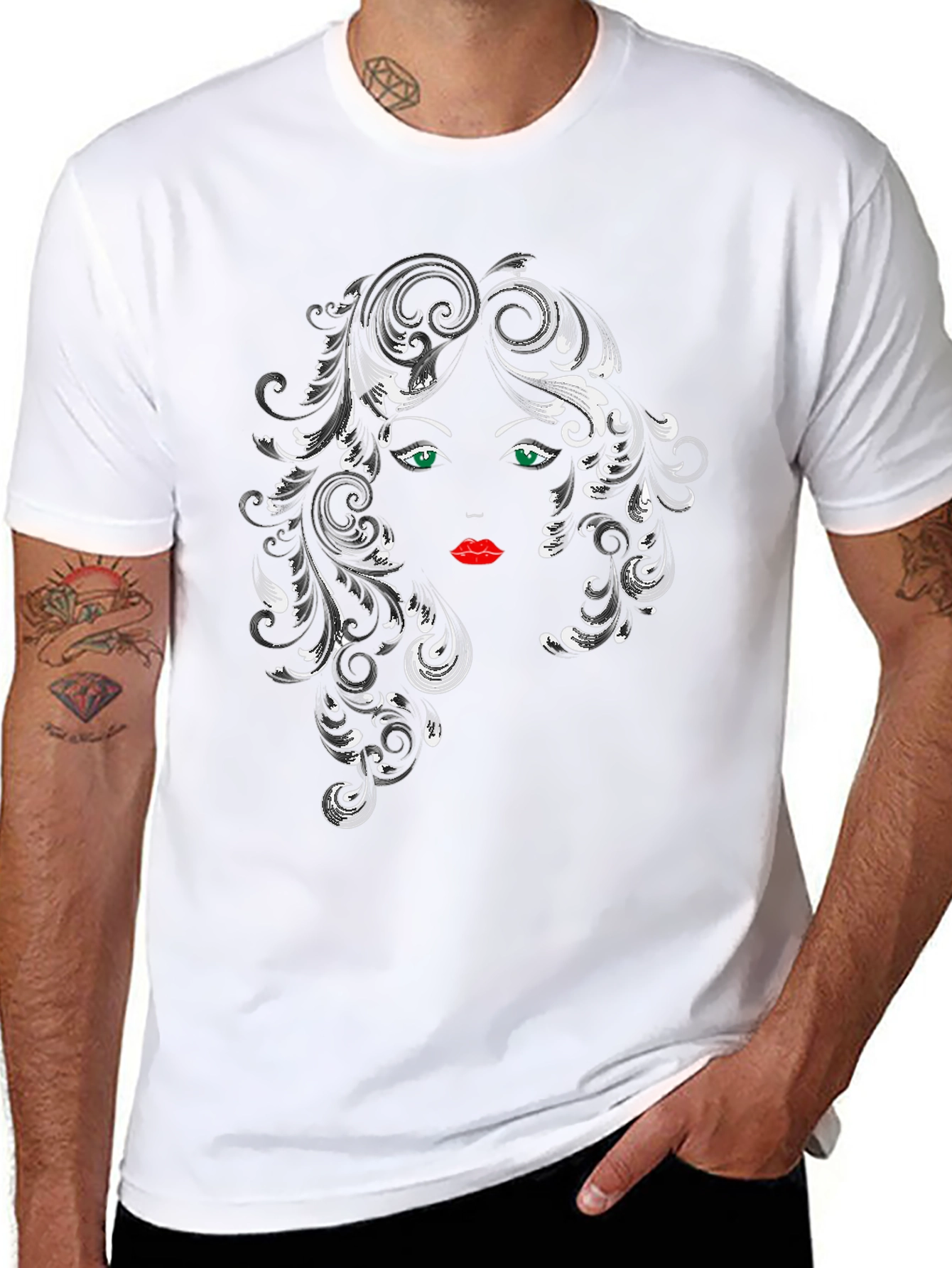 Stylish Black T-Shirt with Artistic Woman Face Graphic