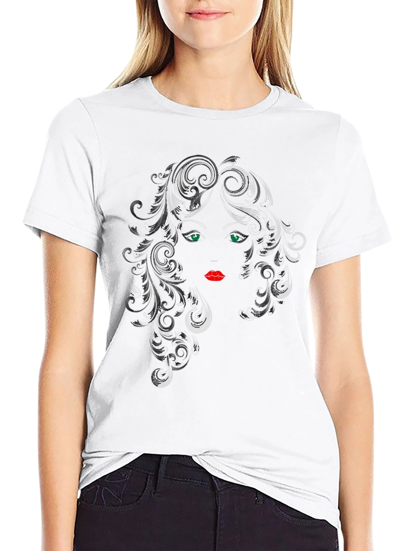 Stylish Black T-Shirt with Artistic Woman Face Graphic