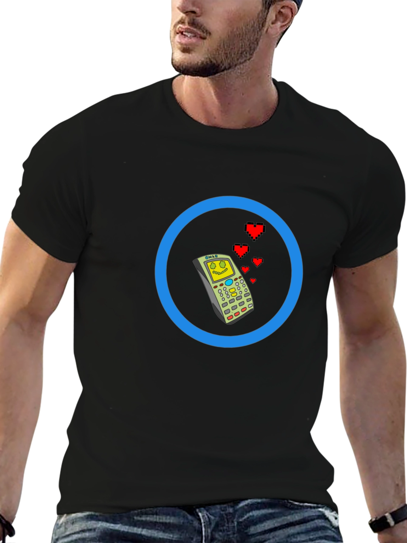 Retro Cell Phone with Love Hearts Mens Tee