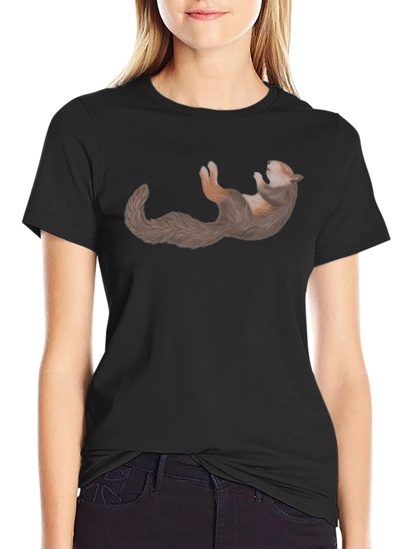 Squirrel Relaxing on Black Cotton T-Shirt