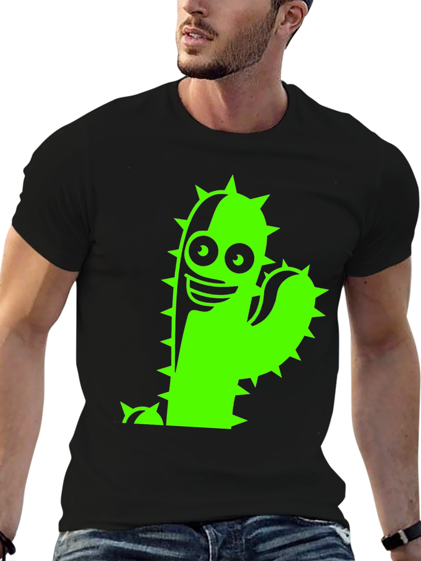 Black T-Shirt with Neon Green Cactus Graphic
