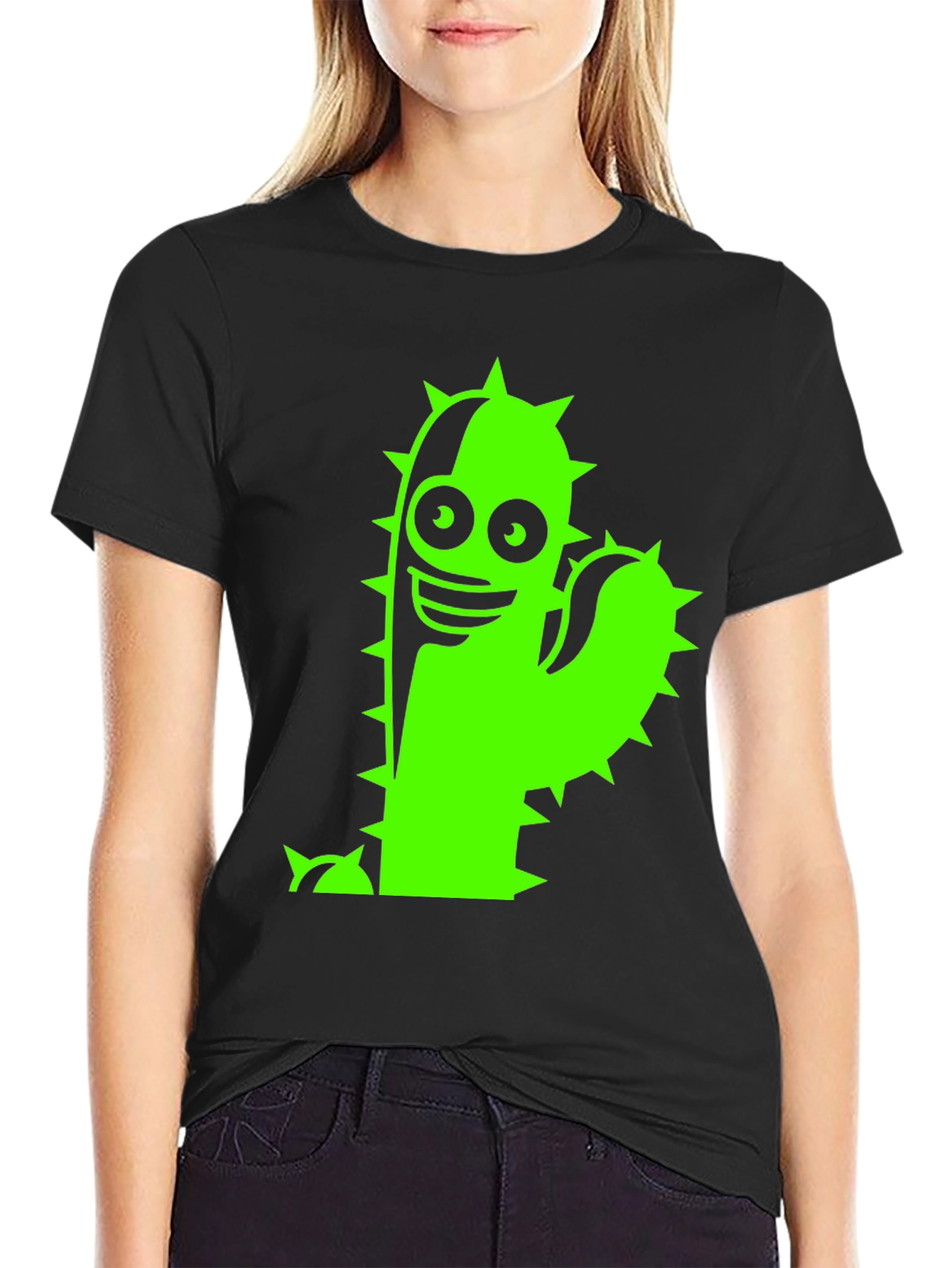 Black T-Shirt with Neon Green Cactus Graphic