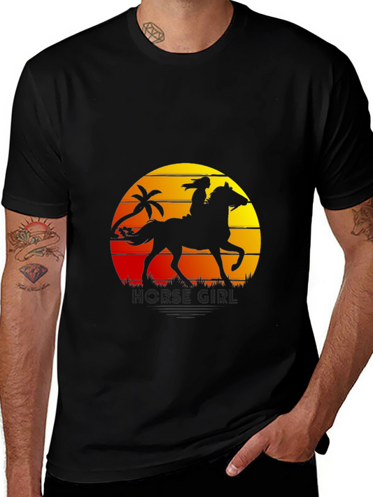 Horse Girl Sunset Graphic Tee - Black Cotton Comfort