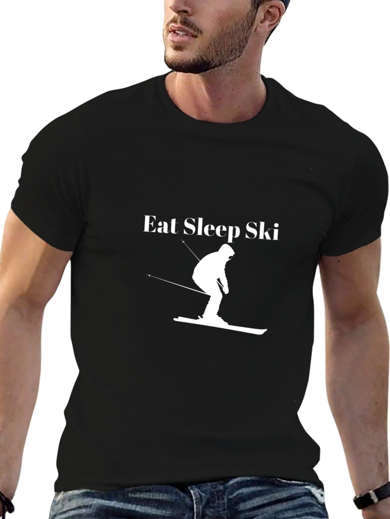 Eat Sleep Ski - Black Cotton T-Shirt