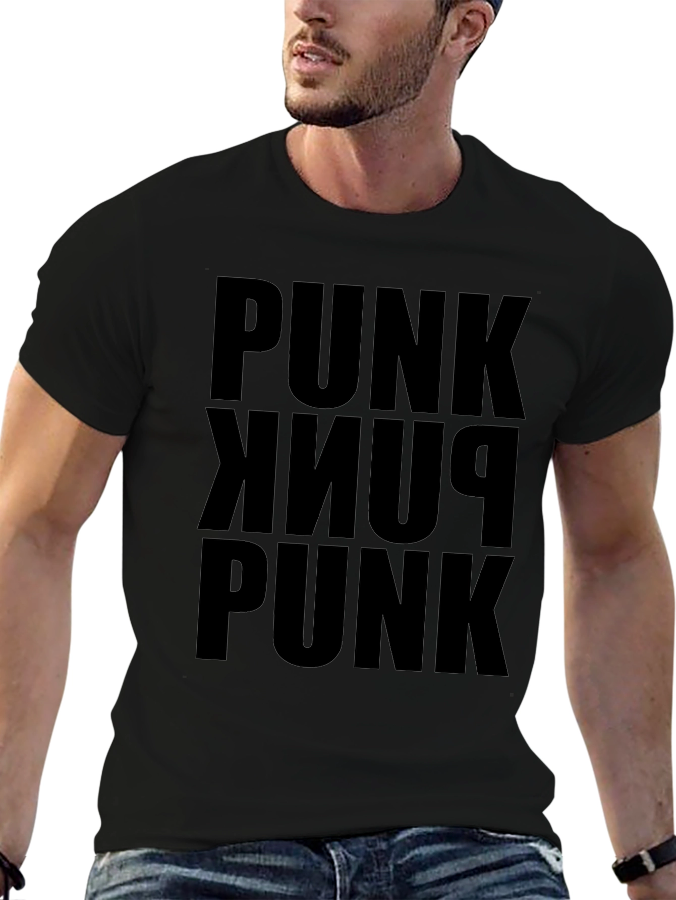 Punk Stacked Text Tee - Black Cotton Graphic T-Shirt