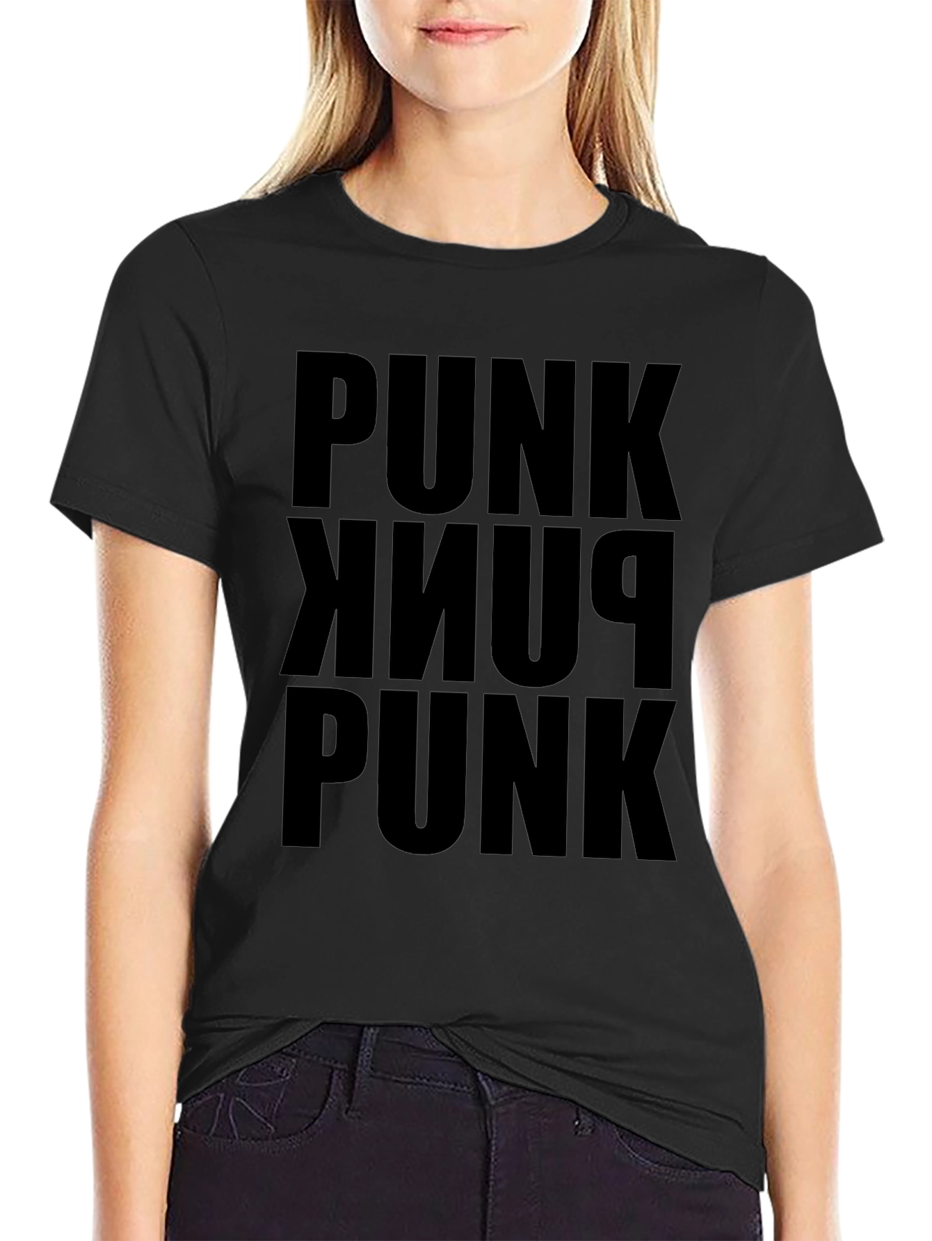 Punk Stacked Text Tee - Black Cotton Graphic T-Shirt