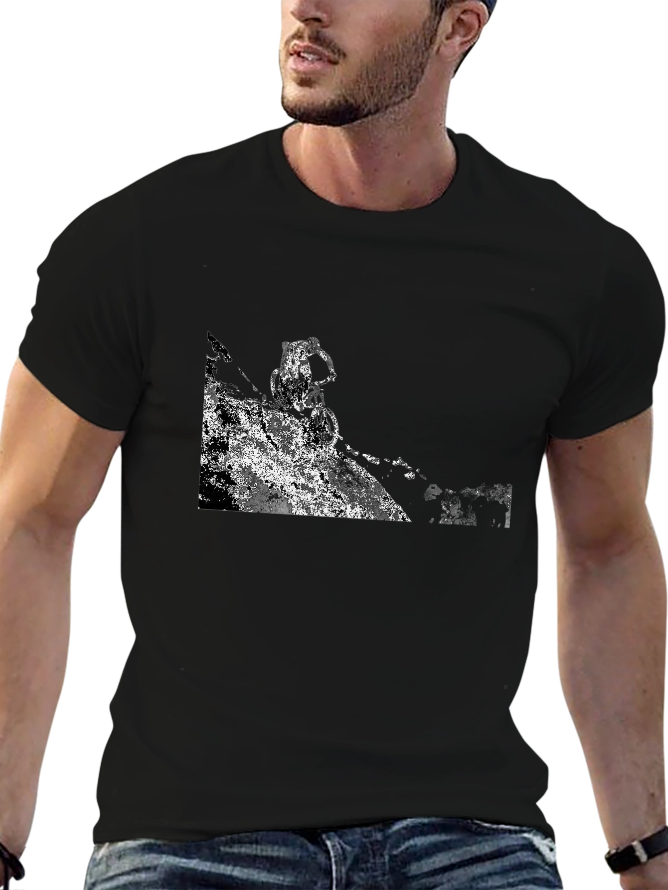 Black T-Shirt with Abstract Mountain Bike Graphic