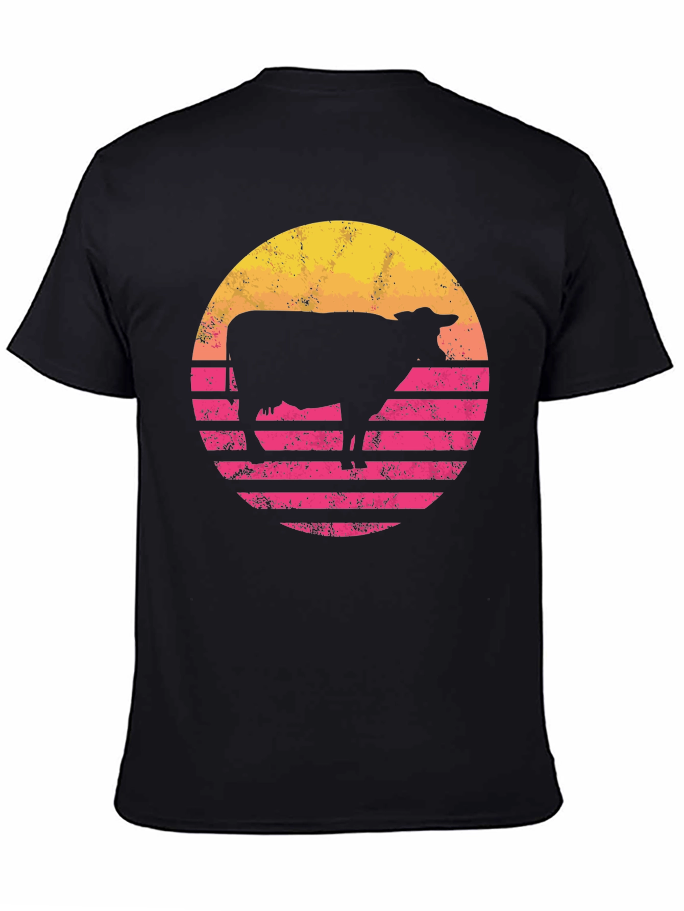 Retro Cow Sunset Graphic Tee - Black Cotton Blend