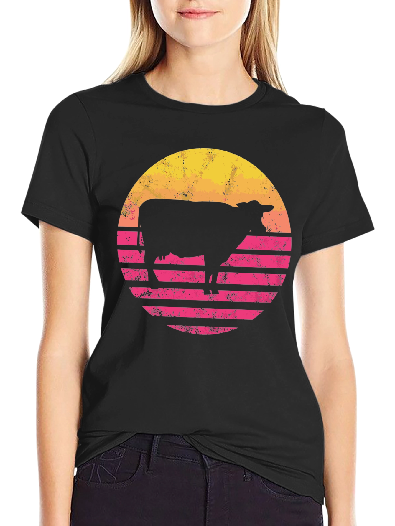 Retro Cow Sunset Graphic Tee - Black Cotton Blend