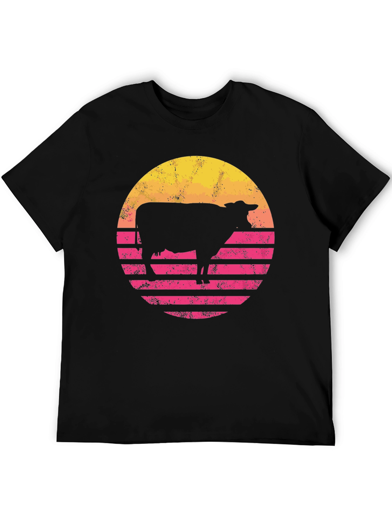Retro Cow Sunset Graphic Tee - Black Cotton Blend
