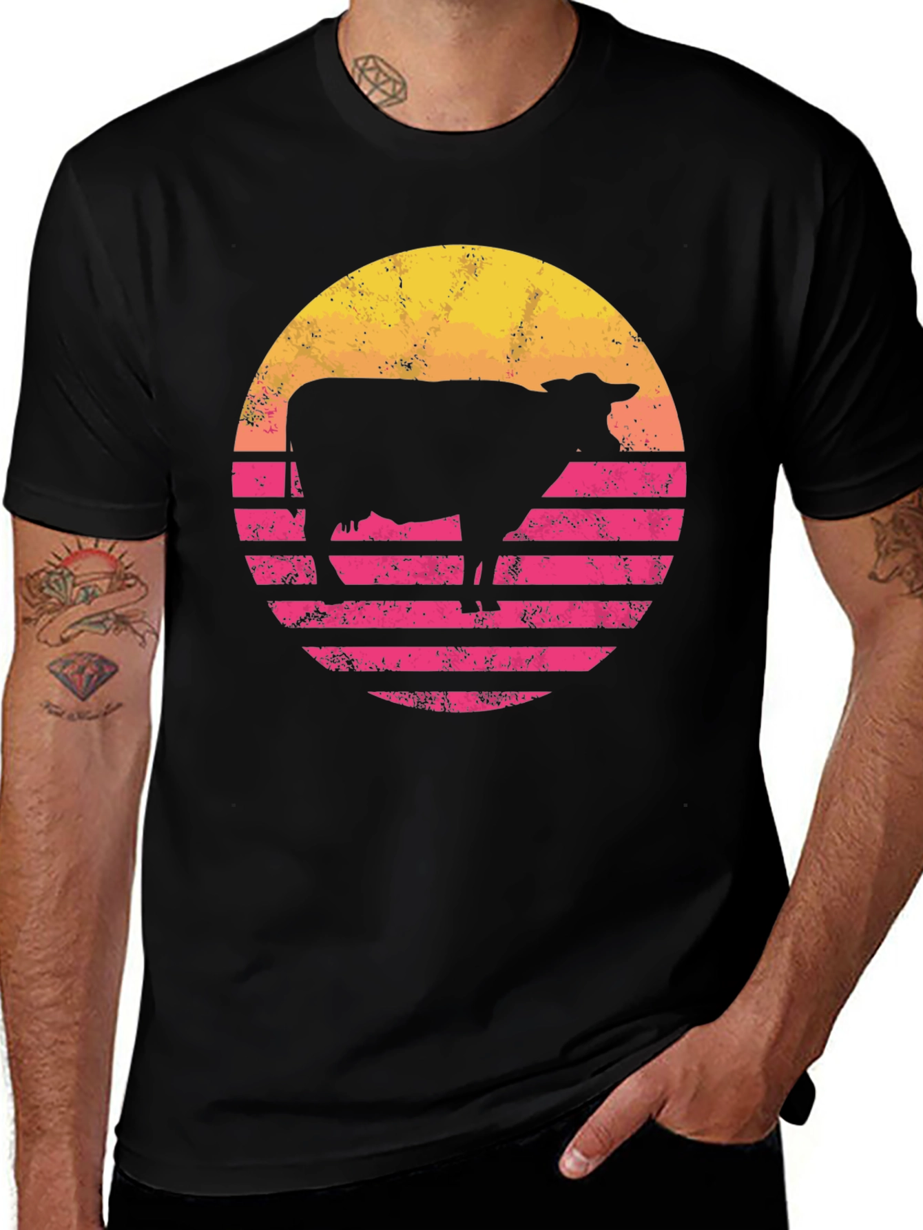 Retro Cow Sunset Graphic Tee - Black Cotton Blend