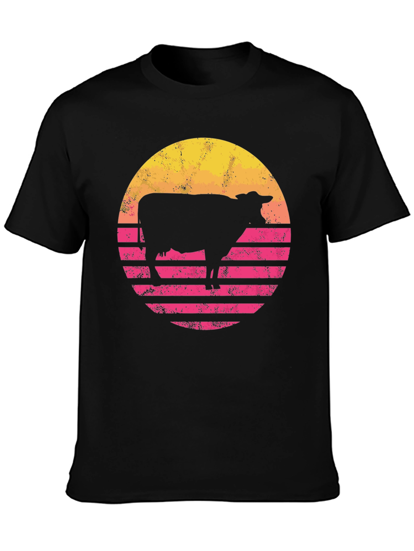 Retro Cow Sunset Graphic Tee - Black Cotton Blend