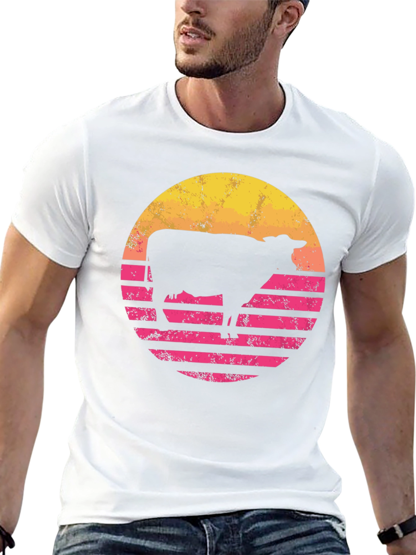 Retro Cow Sunset Graphic Tee - Black Cotton Blend