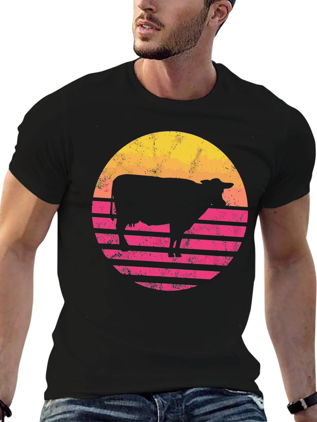 Retro Cow Sunset Graphic Tee - Black Cotton Blend