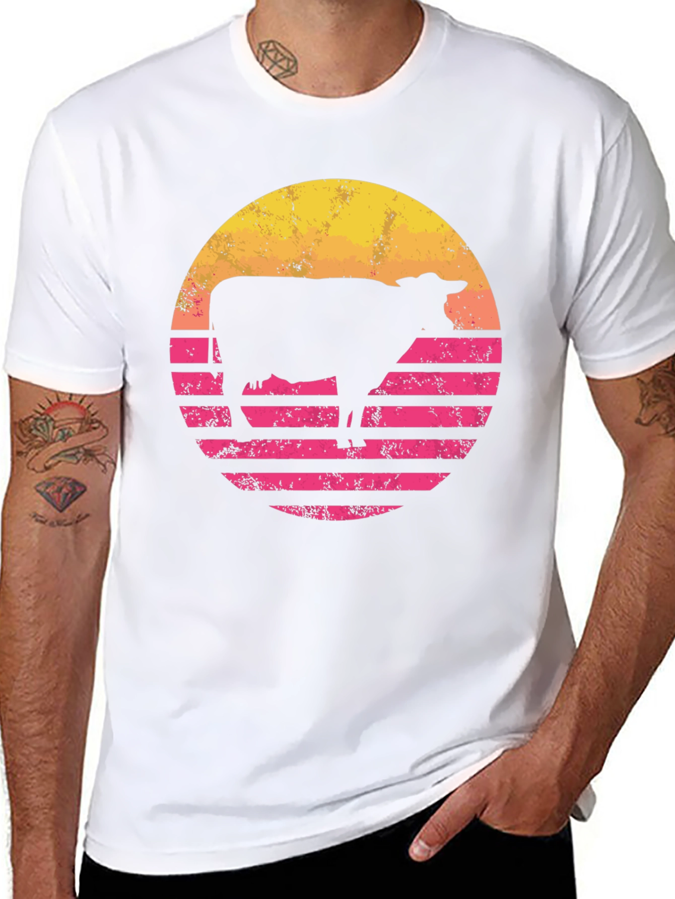 Retro Cow Sunset Graphic Tee - Black Cotton Blend