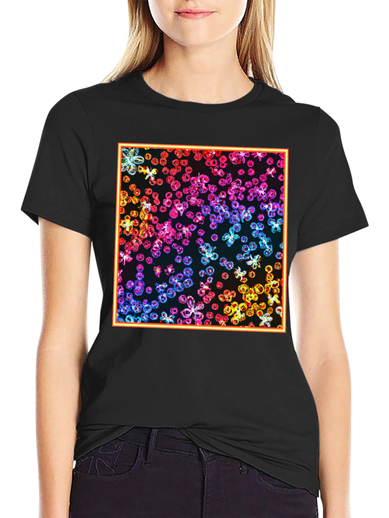 Rainbow Floral Graphic Print Black T-Shirt