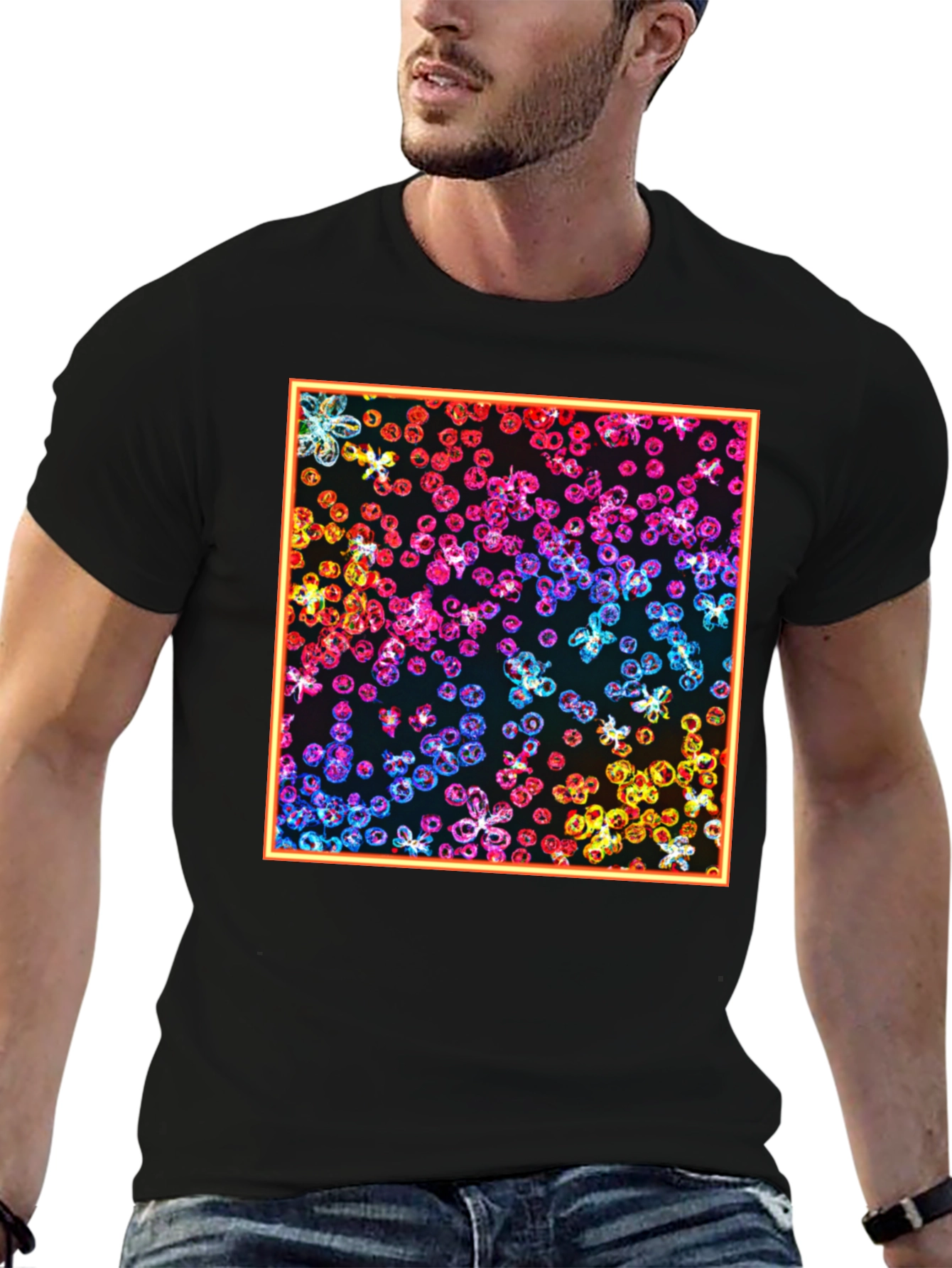 Rainbow Floral Graphic Print Black T-Shirt