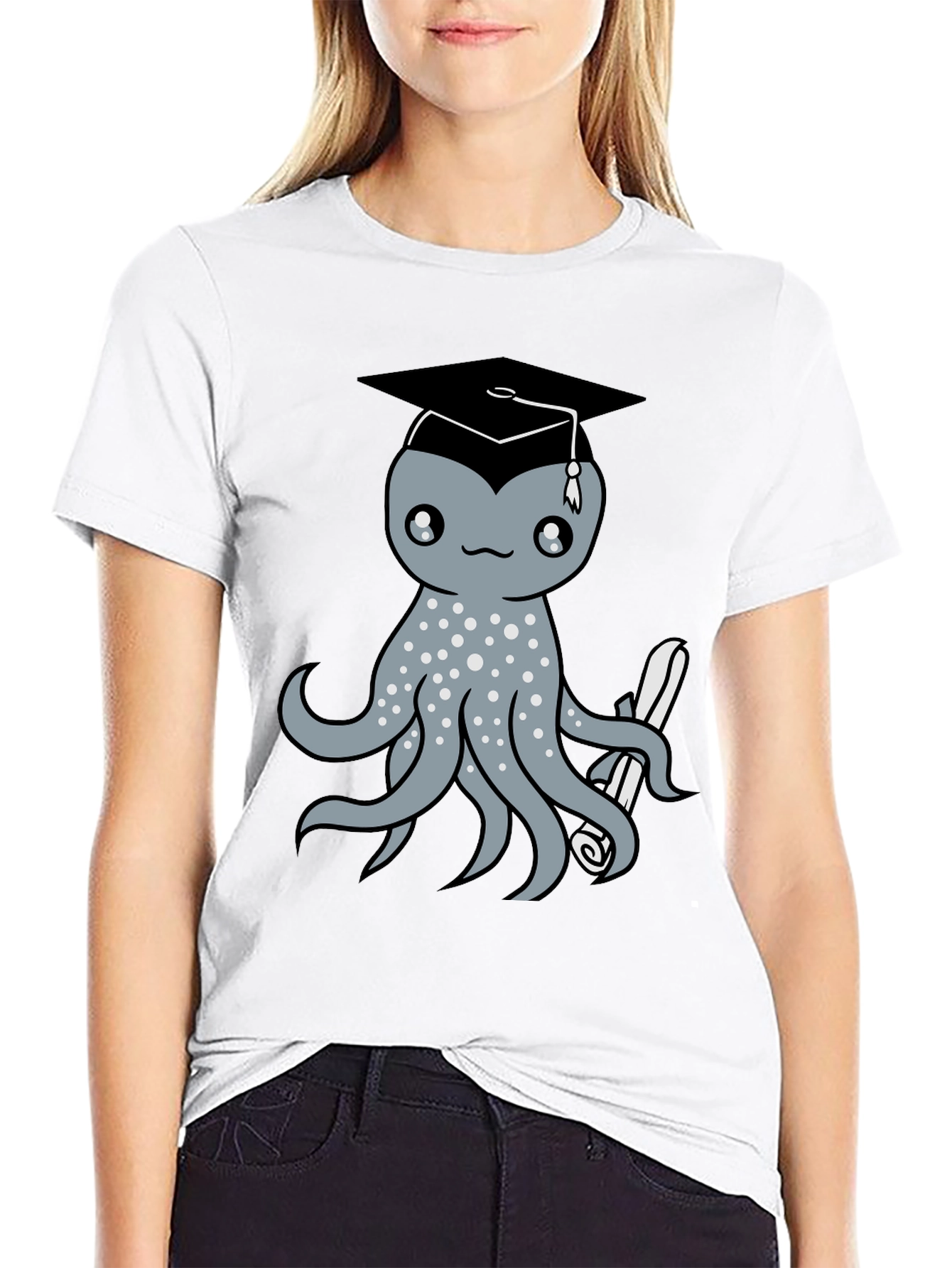 Graduation Octopus Graphic Tee - Black Cotton