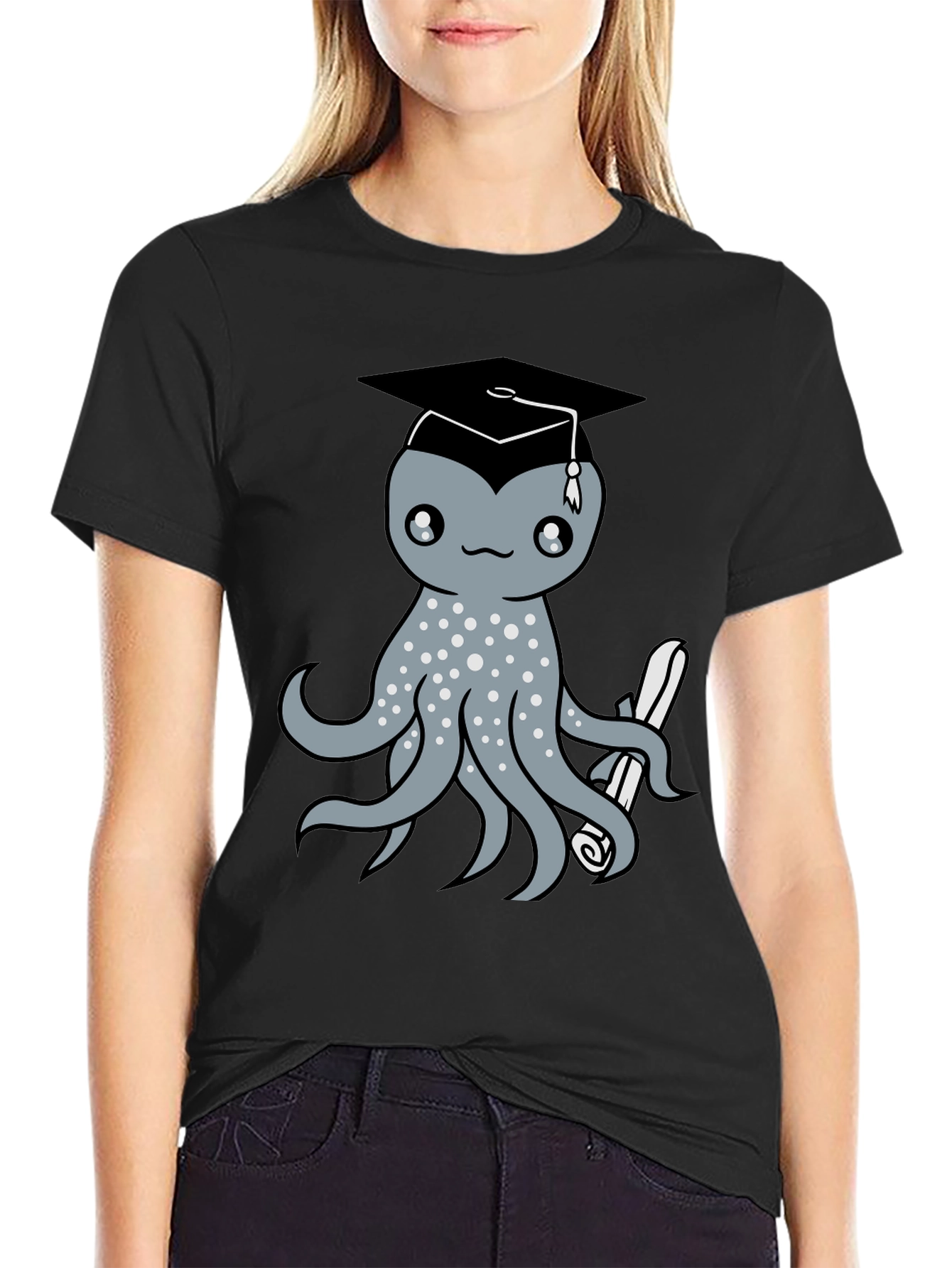 Graduation Octopus Graphic Tee - Black Cotton