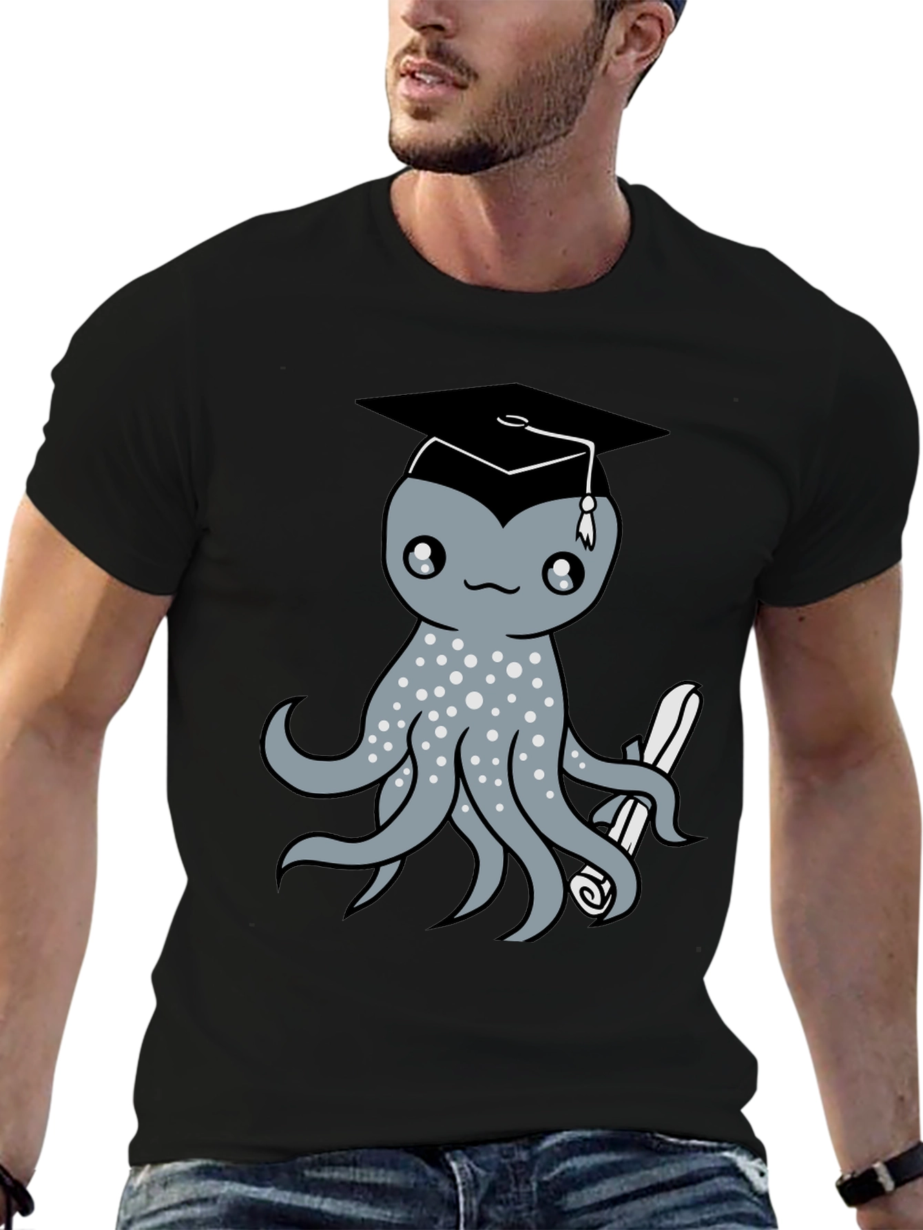 Graduation Octopus Graphic Tee - Black Cotton
