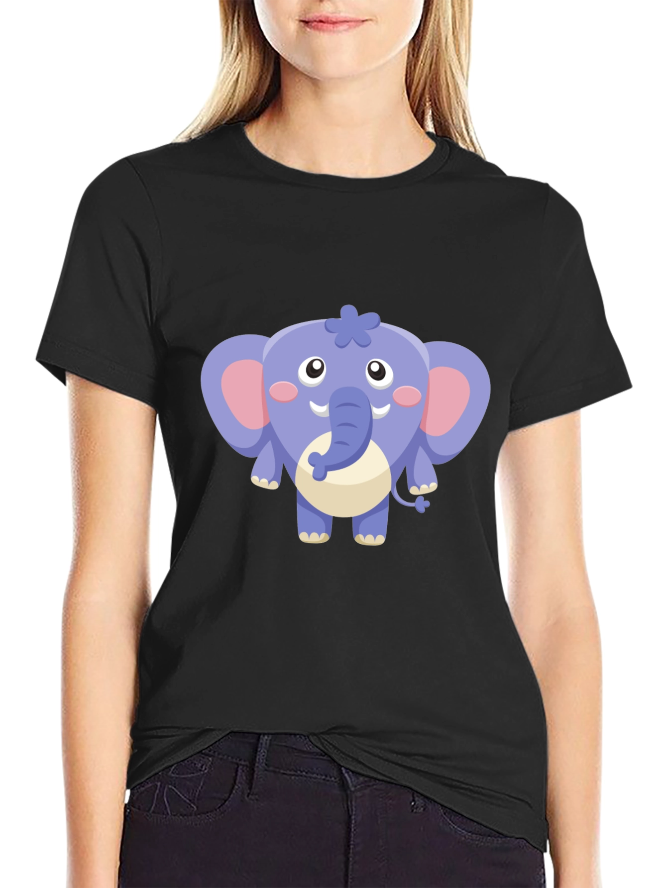 Cute Cartoon Elephant Graphic Tee - Black Cotton Shirt