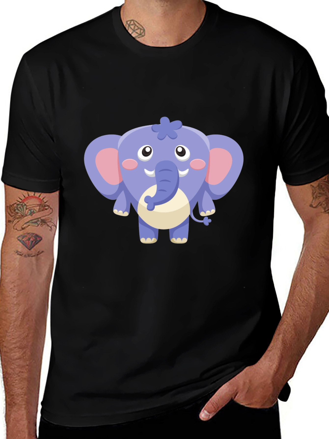 Cute Cartoon Elephant Graphic Tee - Black Cotton Shirt