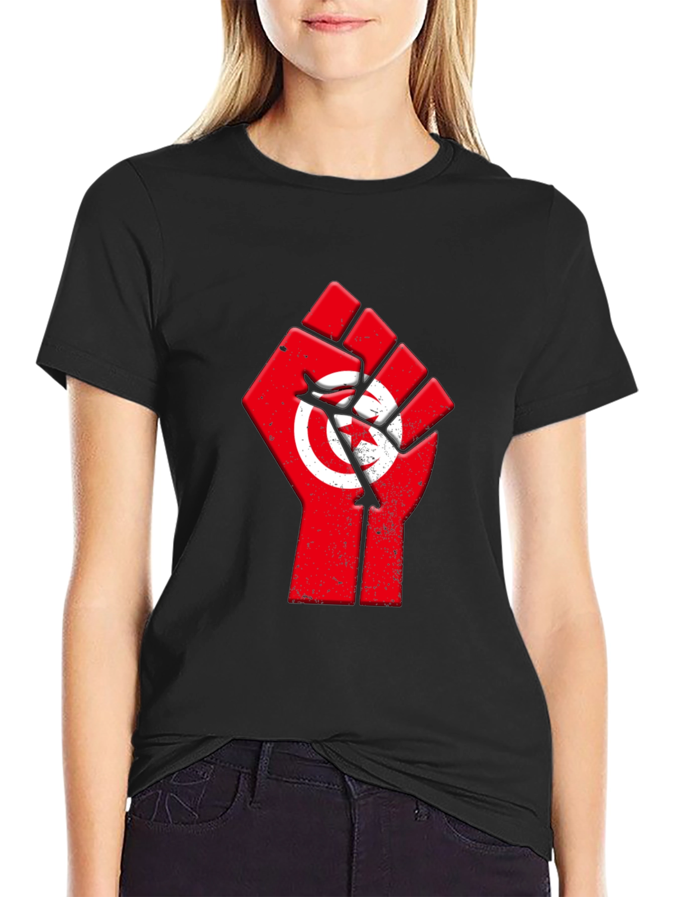 Tunisia Flag Fist T-Shirt - Black Cotton Graphic Tee