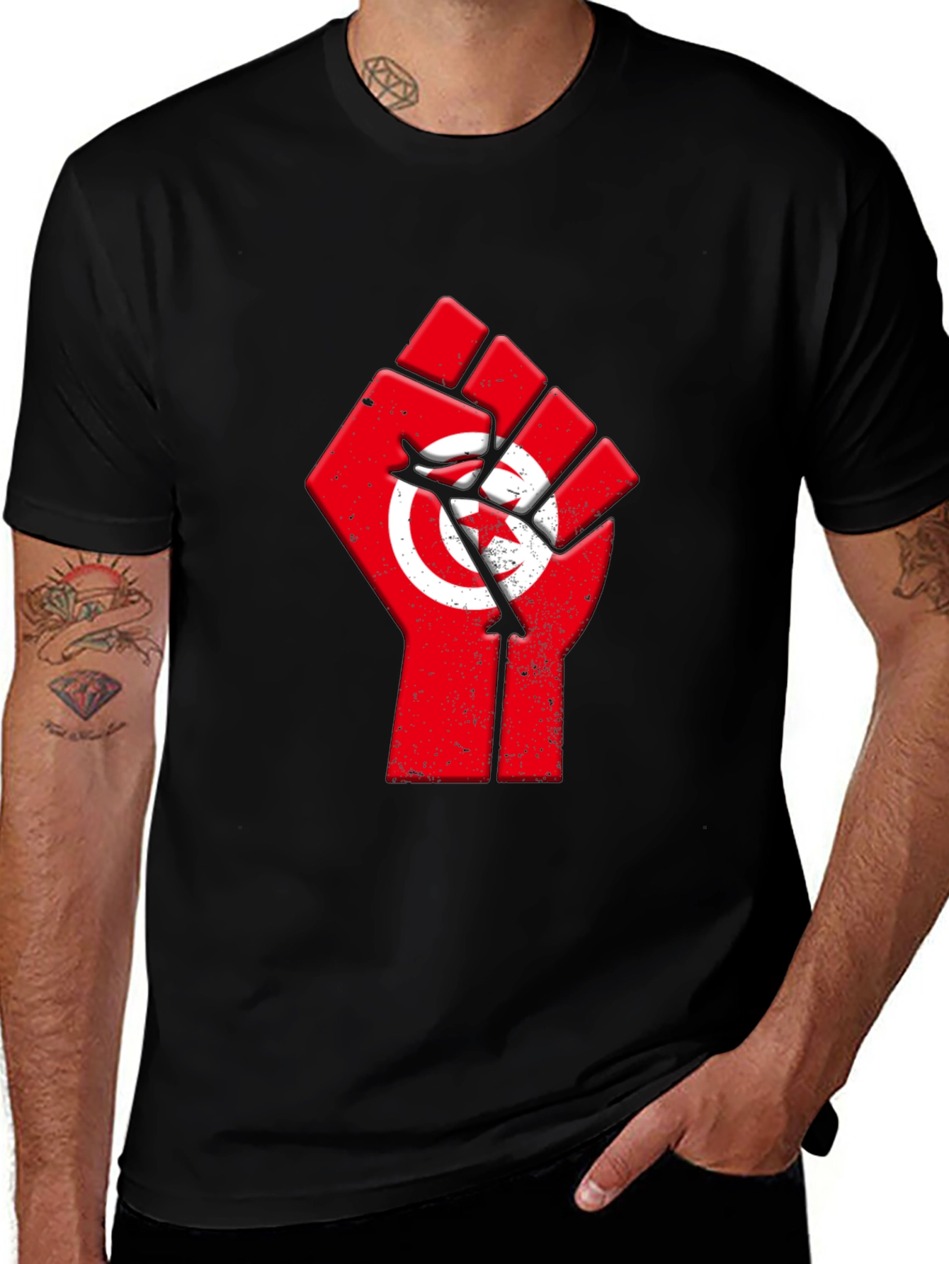 Tunisia Flag Fist T-Shirt - Black Cotton Graphic Tee