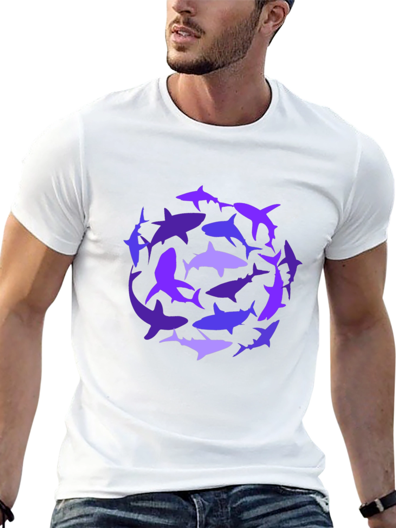 Shark Circle Graphic Tee - Black Cotton Casual Shirt