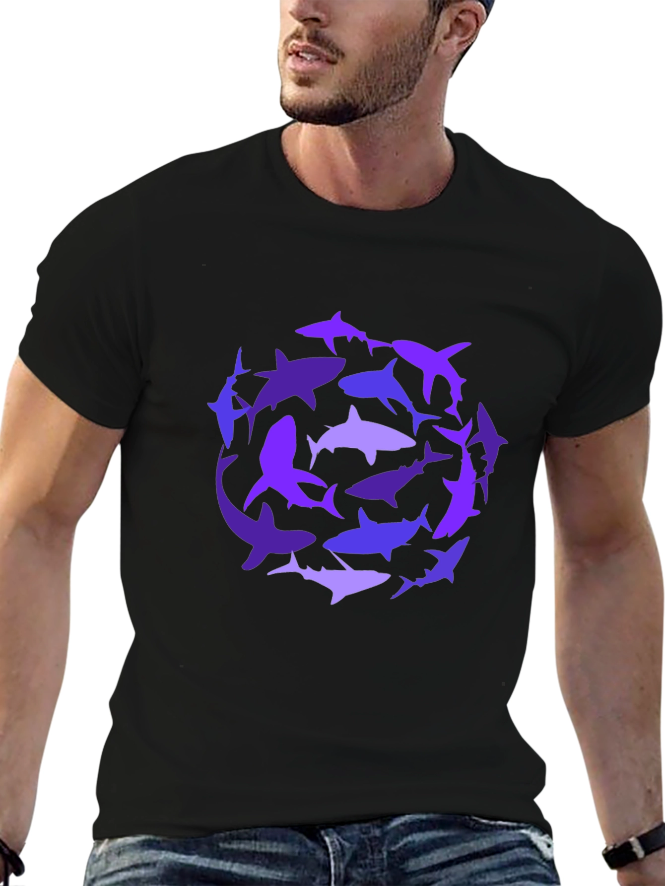 Shark Circle Graphic Tee - Black Cotton Casual Shirt