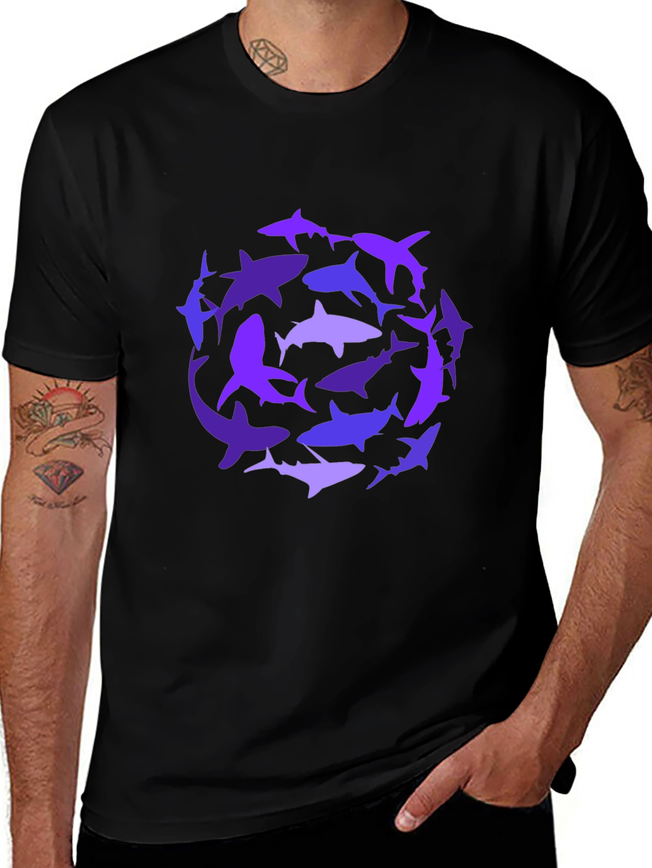 Shark Circle Graphic Tee - Black Cotton Casual Shirt