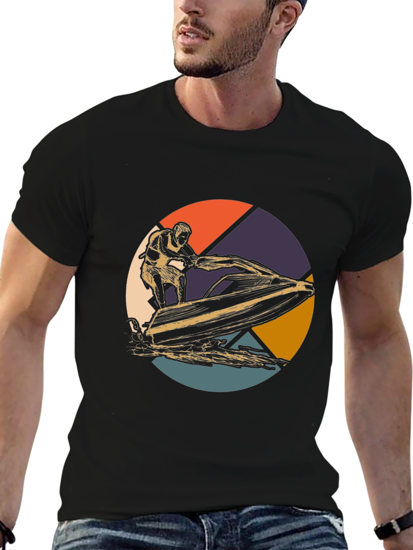 Jet Ski Retro Graphic Tee - Black Cotton T-Shirt