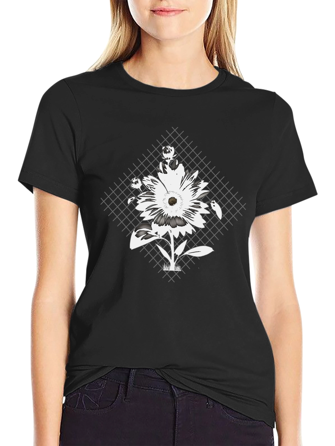 Floral Grid Graphic Tee - Black