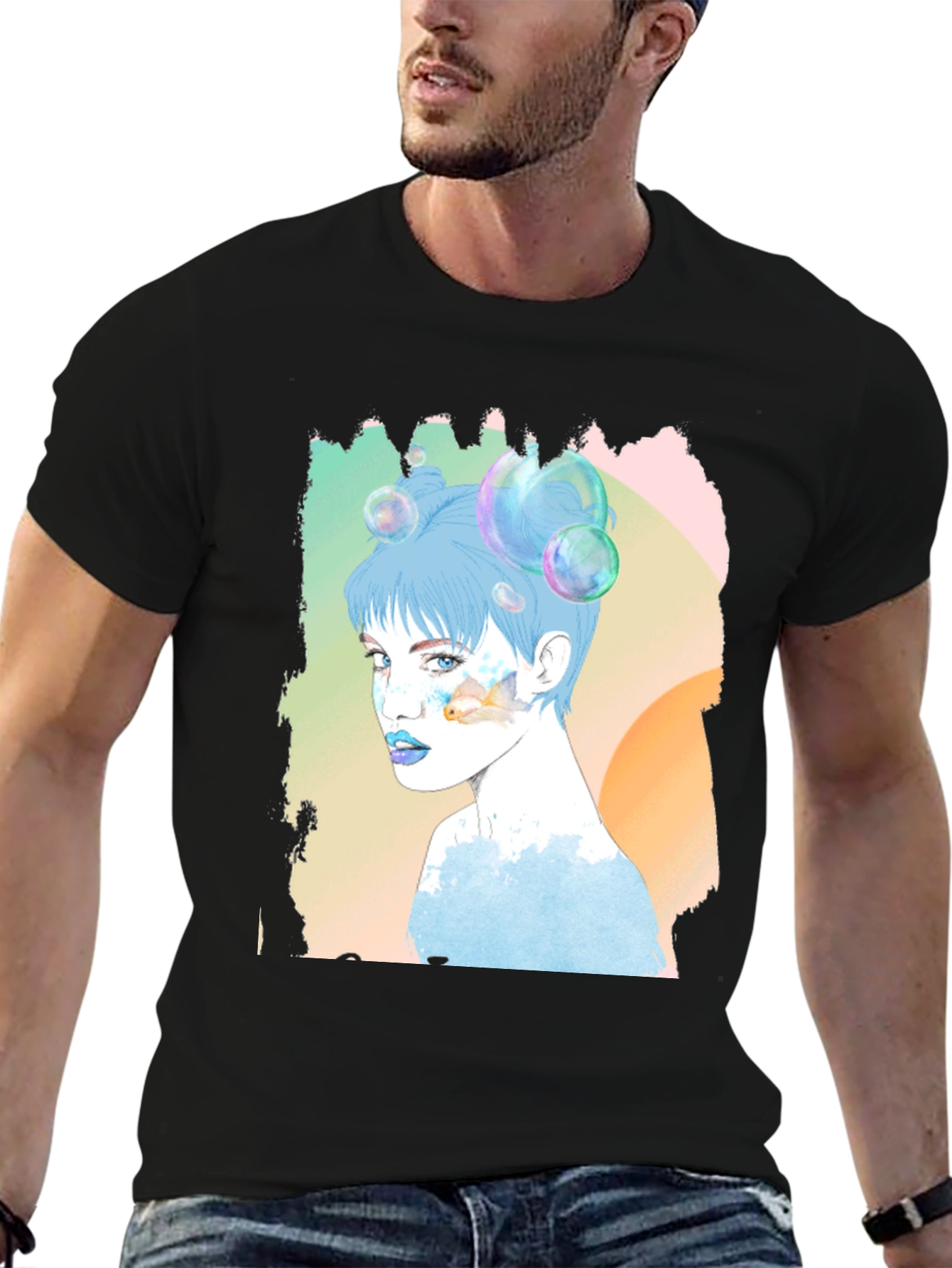 Artistic Woman Portrait Graphic Tee - Black Cotton