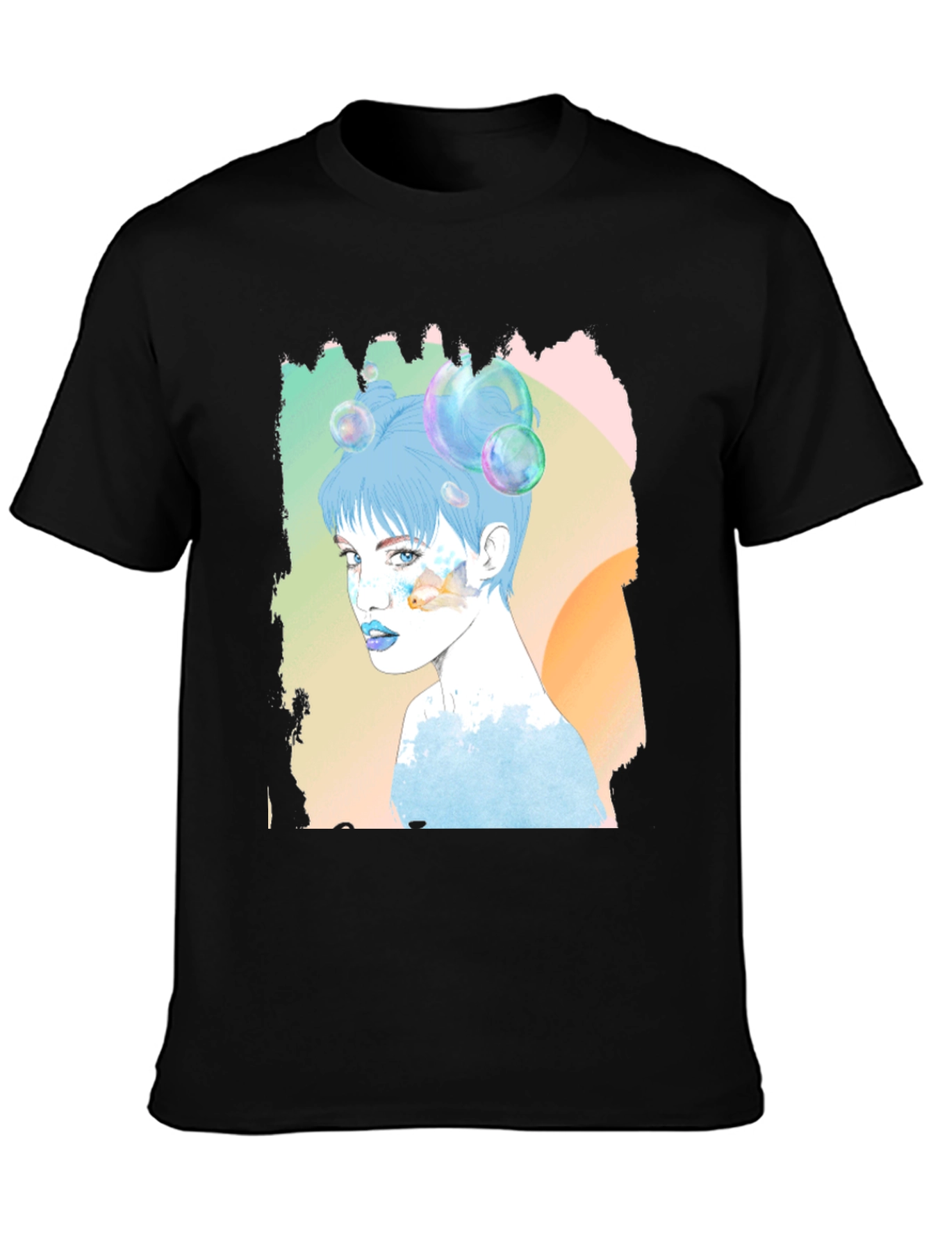 Artistic Woman Portrait Graphic Tee - Black Cotton