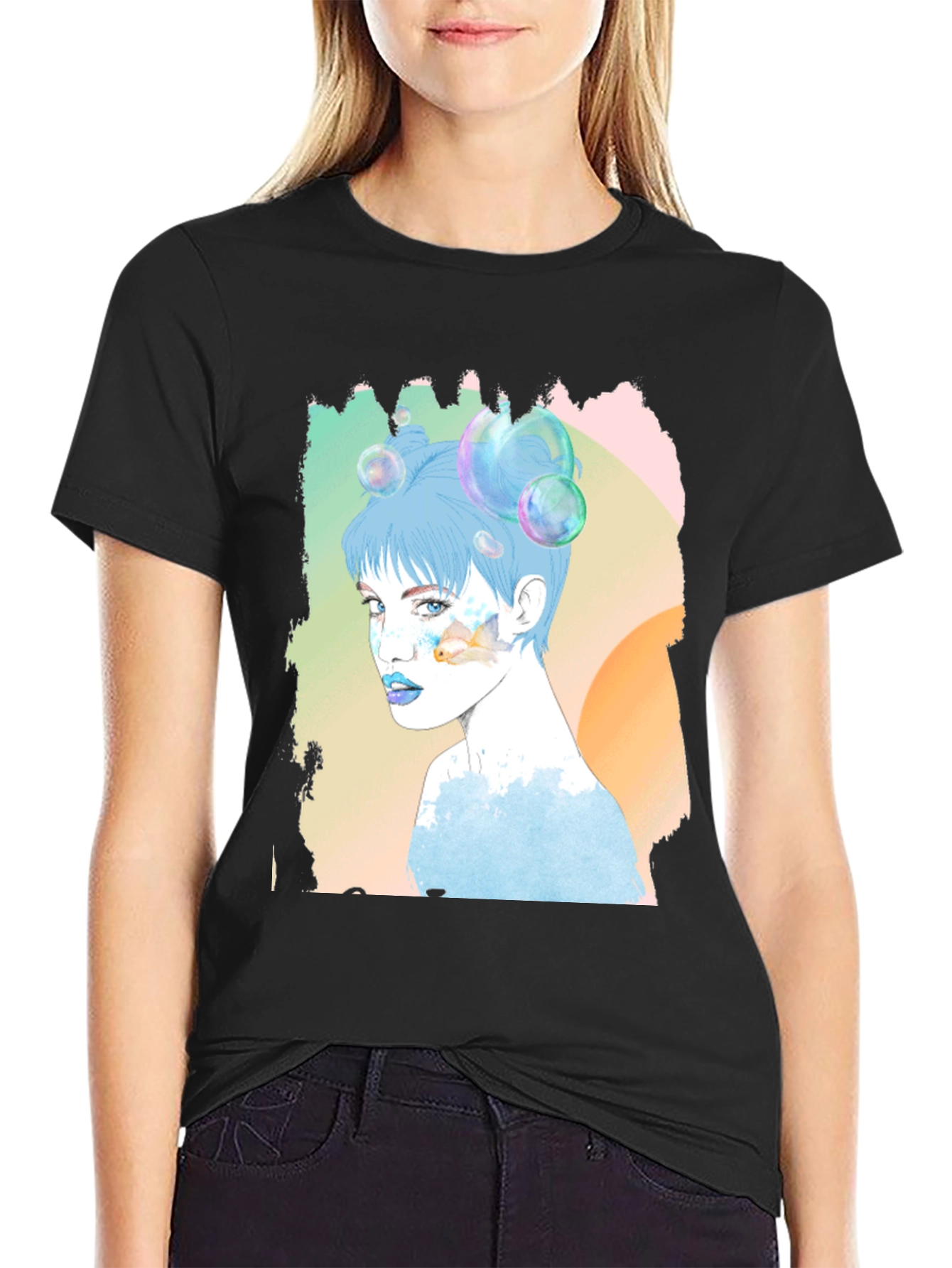 Artistic Woman Portrait Graphic Tee - Black Cotton