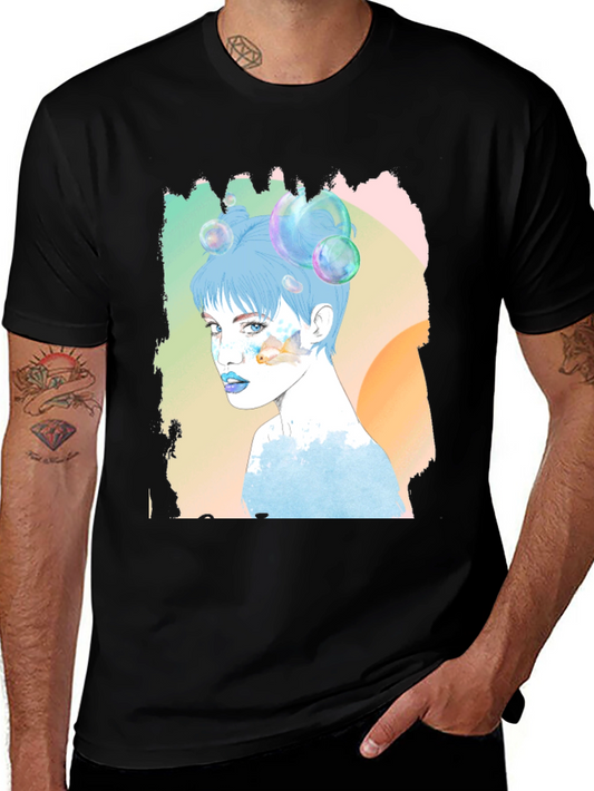 Artistic Woman Portrait Graphic Tee - Black Cotton