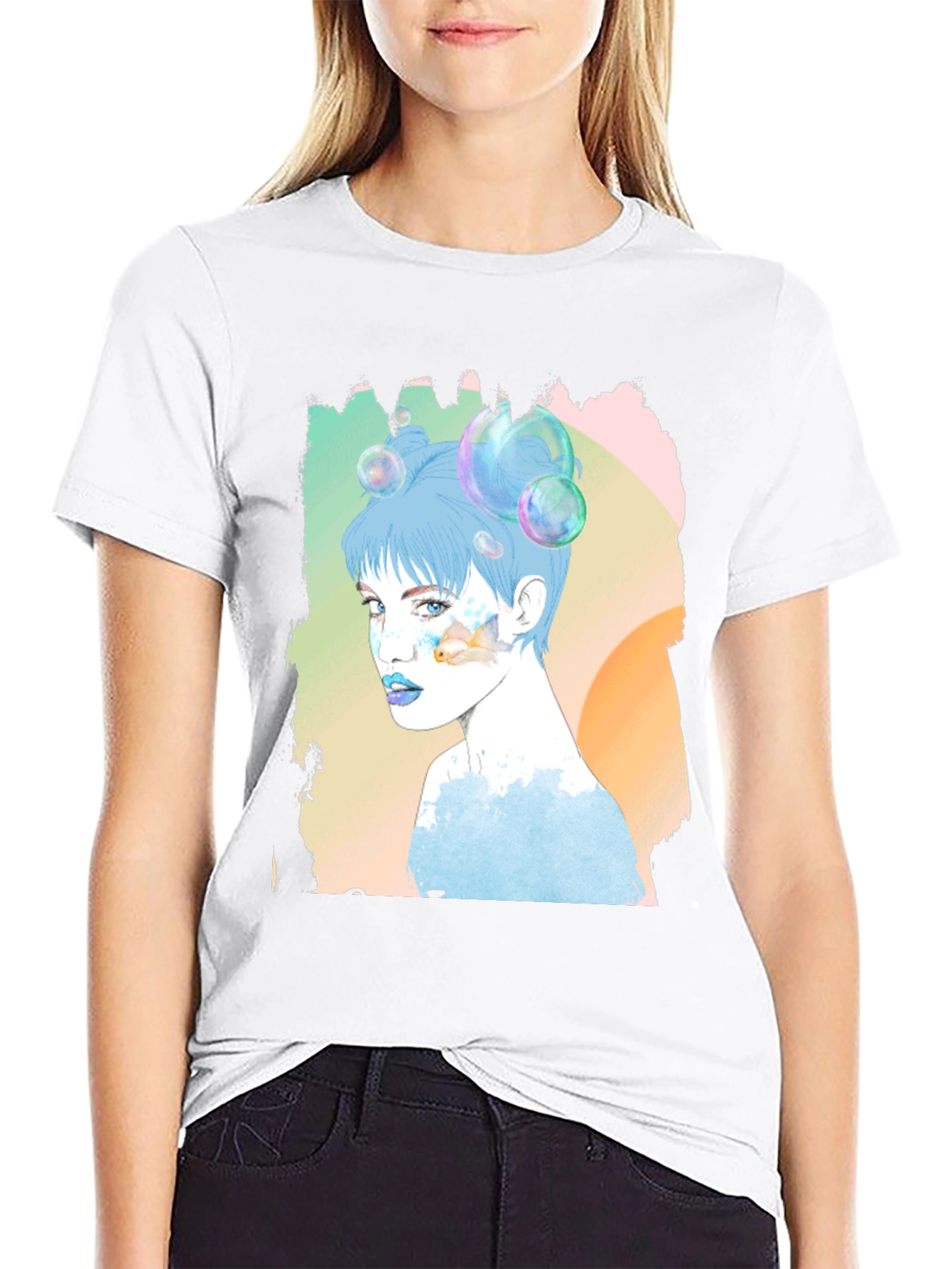 Artistic Woman Portrait Graphic Tee - Black Cotton
