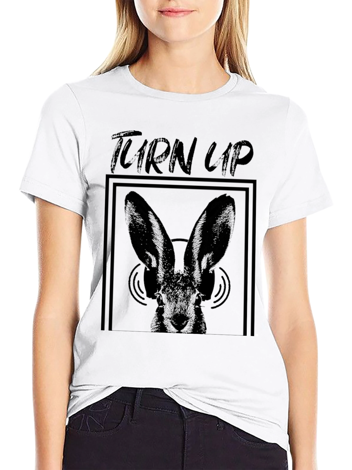 Turn Up Rabbit Graphic Black T-Shirt