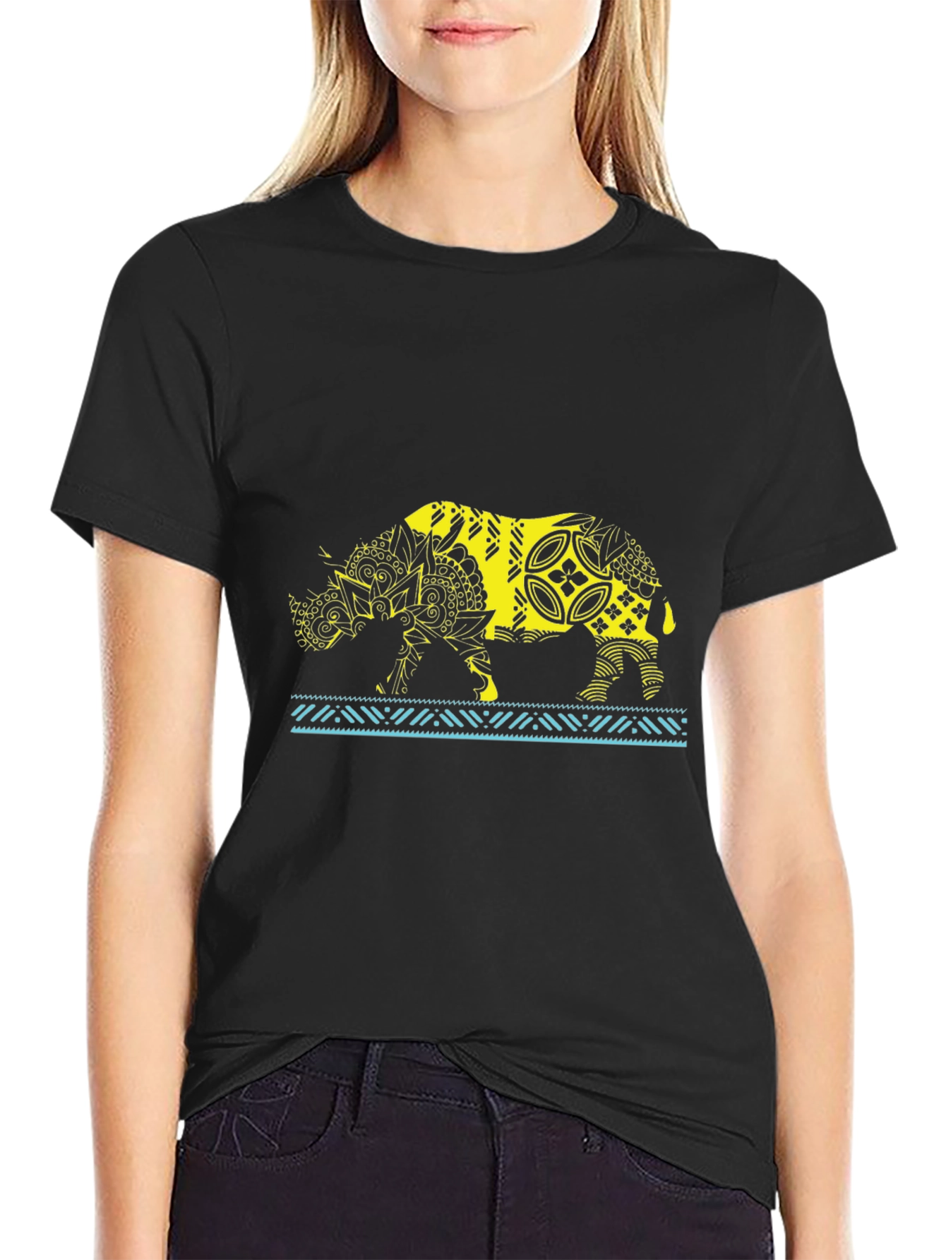 Tribal Rhino Graphic T-Shirt - Black