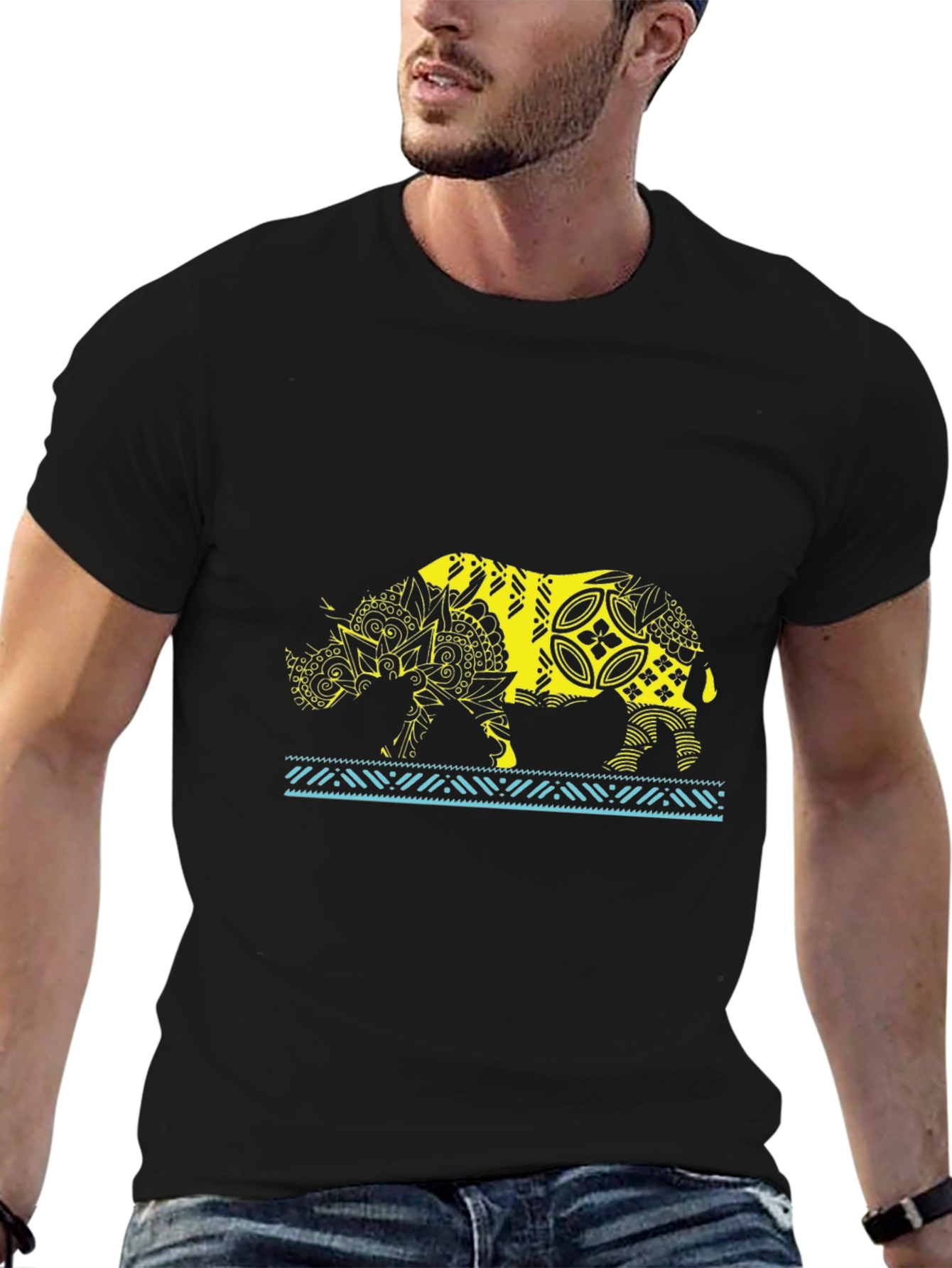 Tribal Rhino Graphic T-Shirt - Black